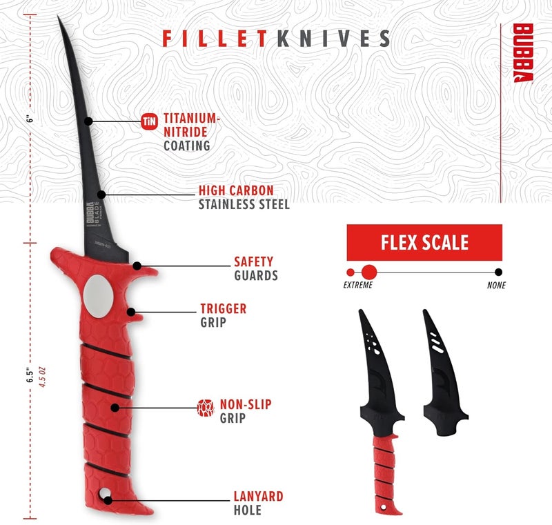 Bubba 6 Inch Ultra Flex Tapered Fillet Knife with Non-Slip Grip Handle, 8Cr13MoV Stainless Steel Blade, Lanyard Hole and Synthetic Sheath for Fishing - Image 3